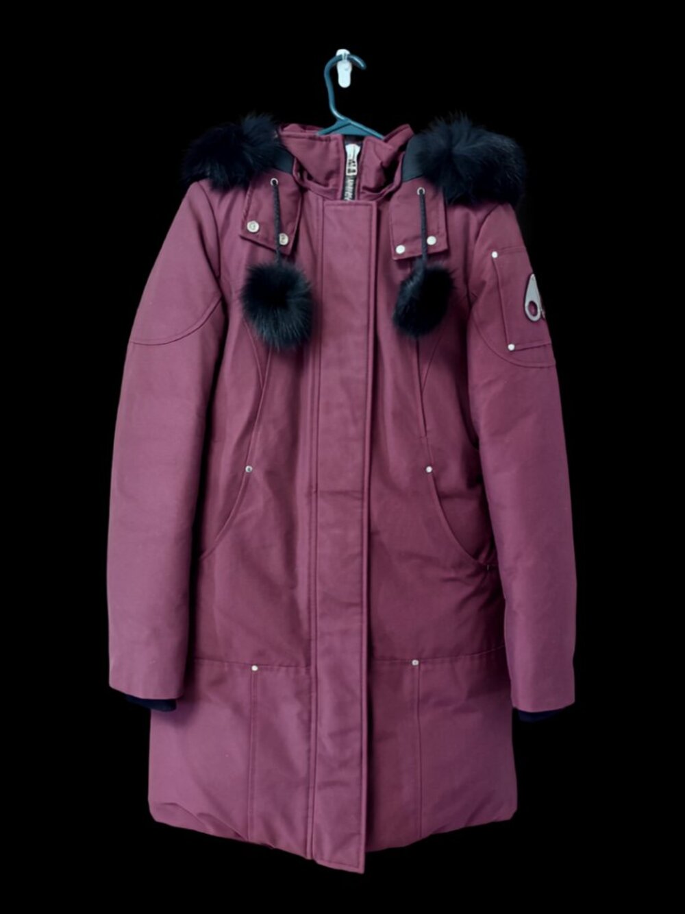 Moose Knuckles Women's Down Parka Burgundy Fur Trim Pompoms Hood XS
